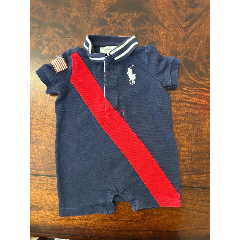 Ralph Lauren Baby Boy Navy Blue Red Sash USA Flag Polo Romper 3M